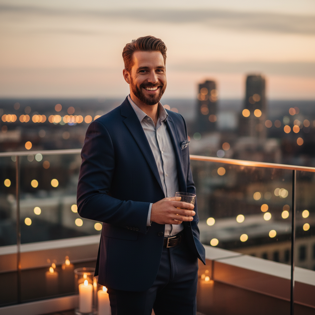 Confident attractive man in his 30s at an upscale rooftop event, well-dressed, smiling and engaging socially, warm cinematic lighting