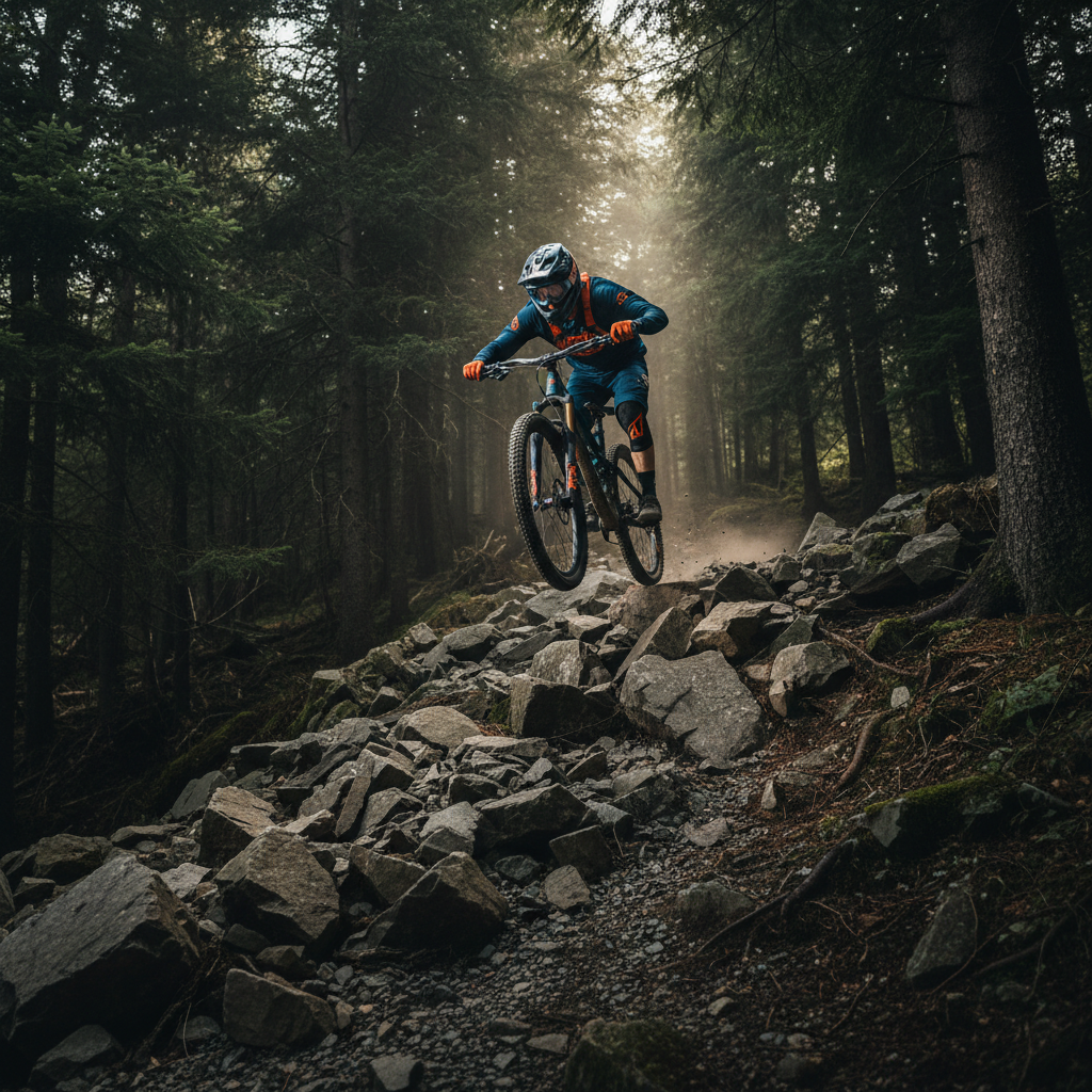 Extreme sports athlete on mountain bike mid-air, dark rocky terrain, dramatic shadows, low-key cinematic lighting