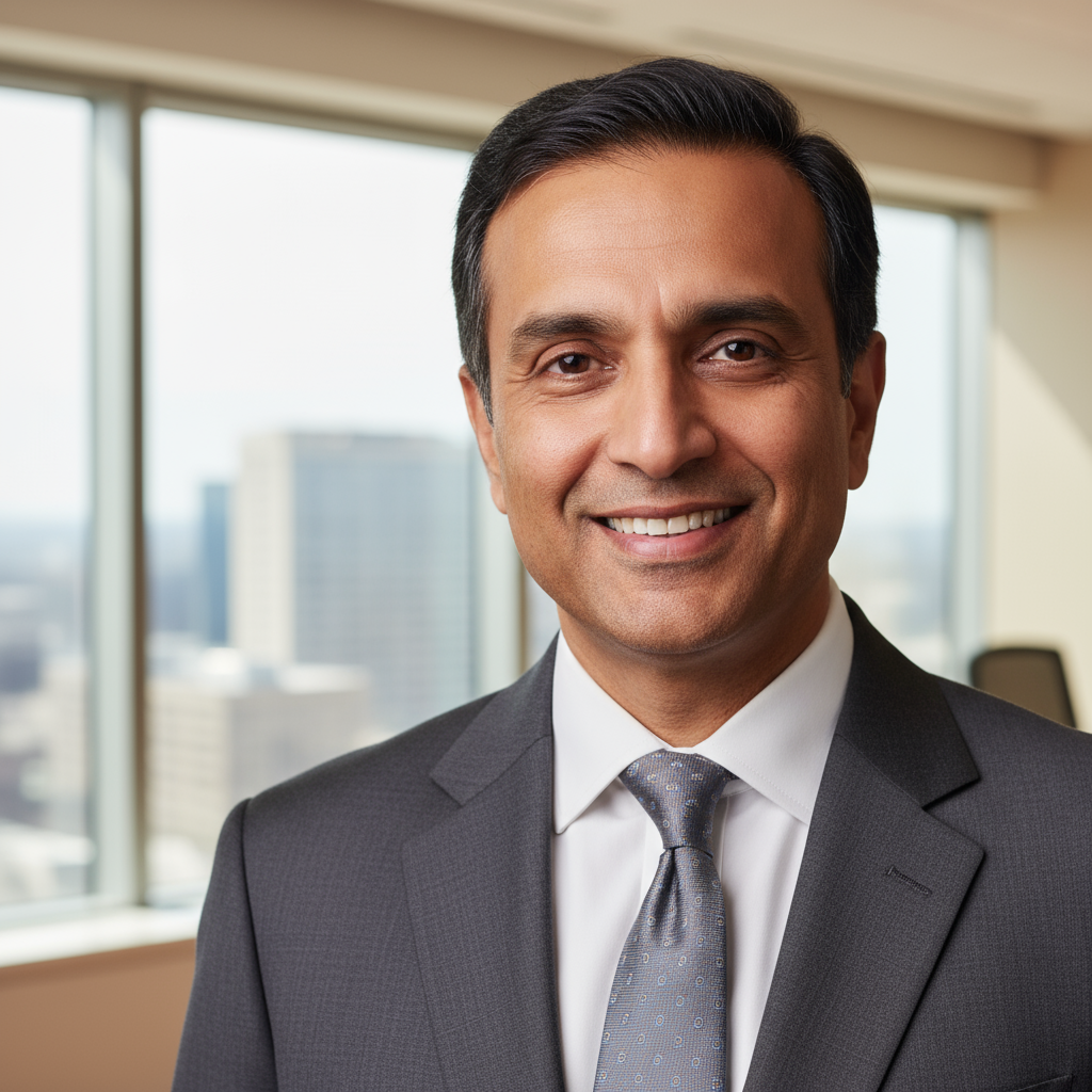 Indian businessman in formal suit, professional headshot, corporate background