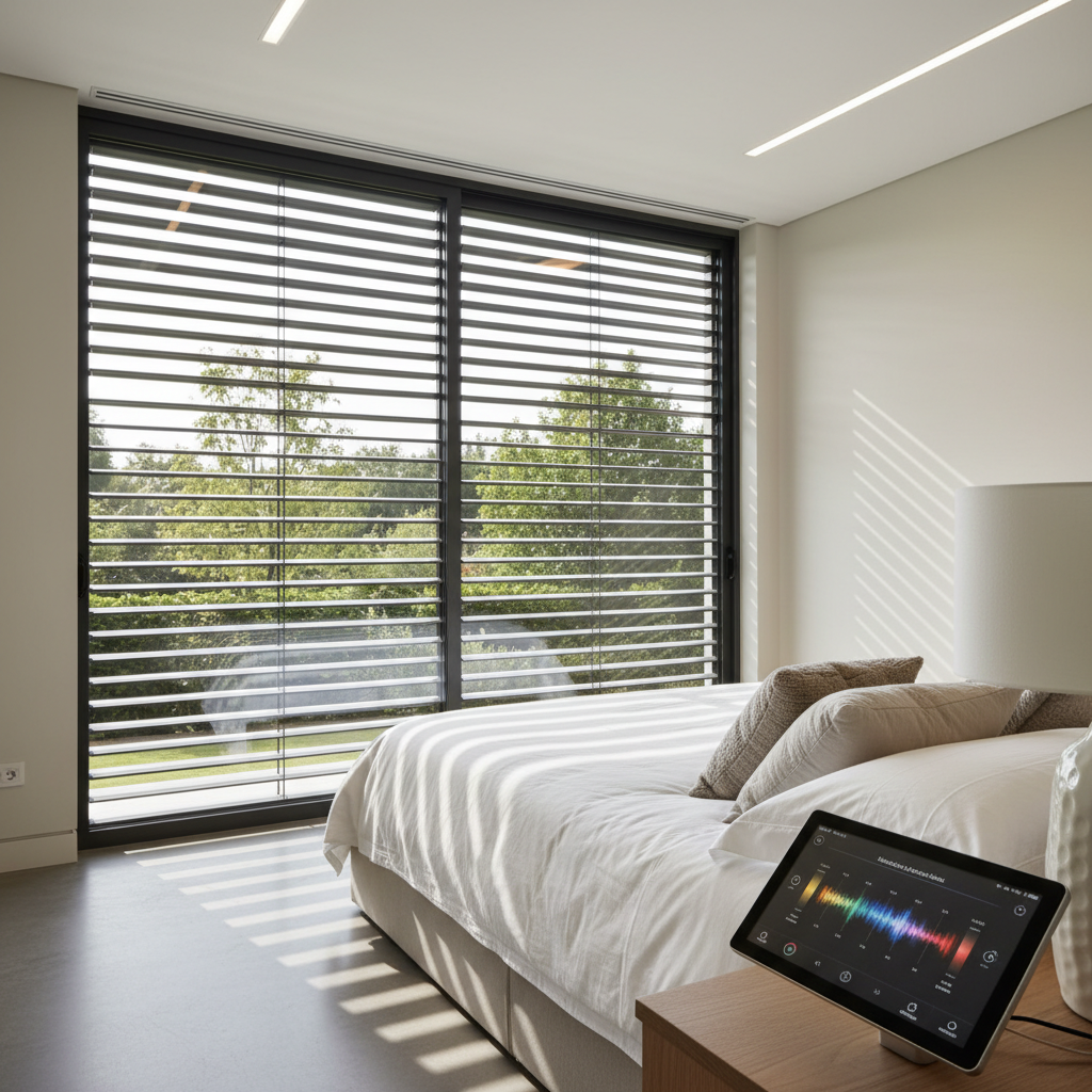 Smart lighting control with tablet interface in modern bedroom, warm amber glow and clean decor