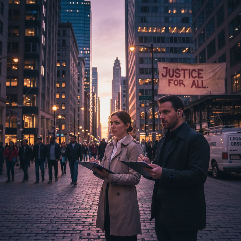 Two people with clipboards doing legal observation on a city street at dusk