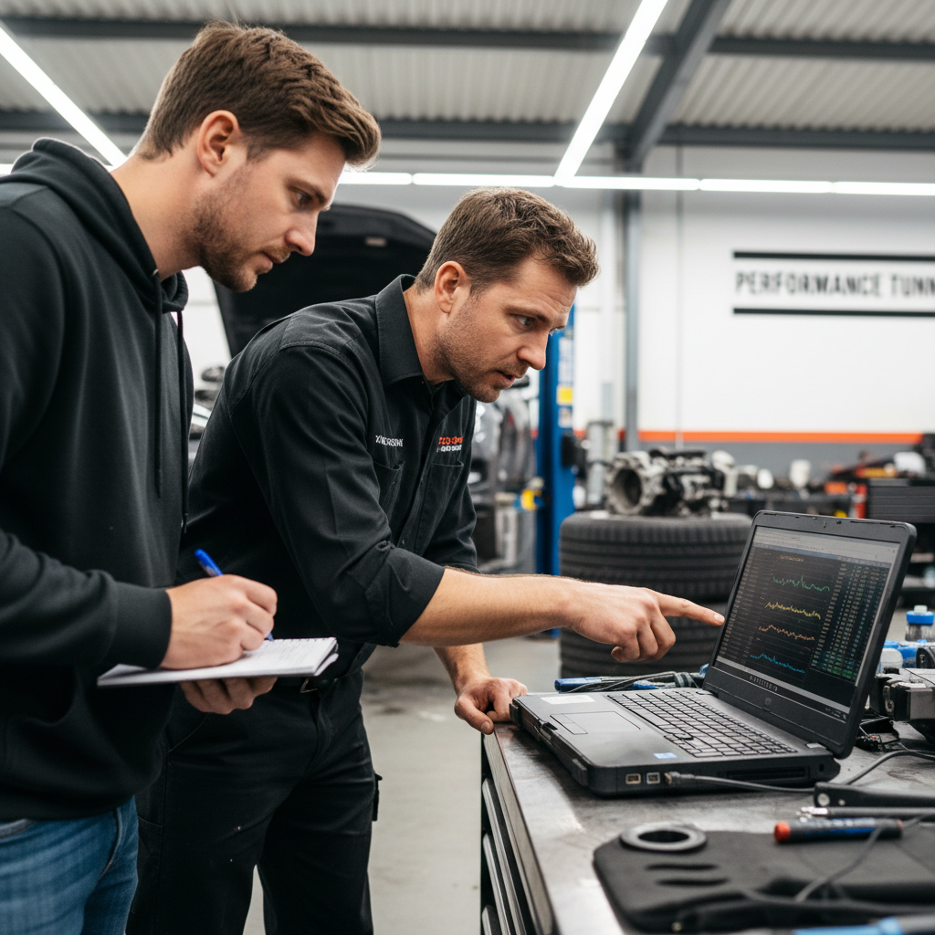 Performance shop technician reviewing data logs on laptop with customer