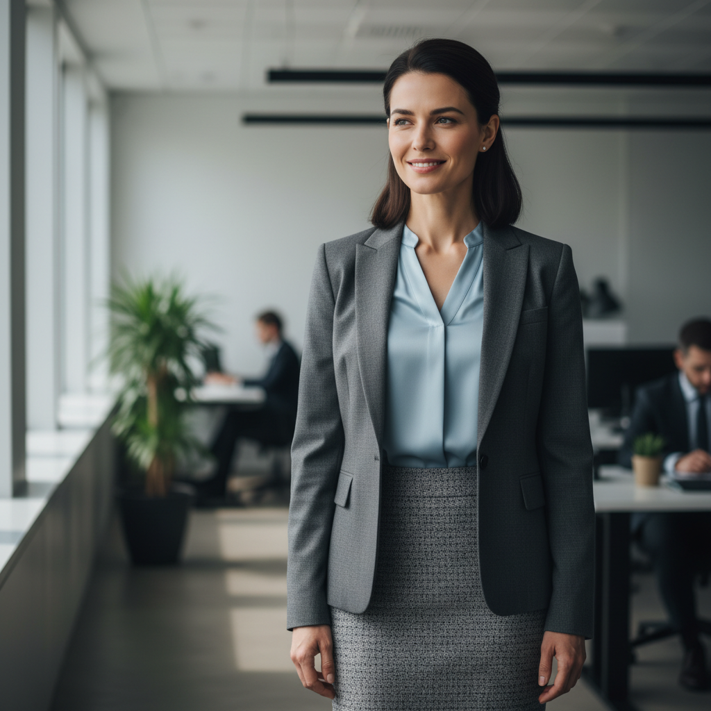 Professional businesswoman in business attire, bright office background, confident and approachable