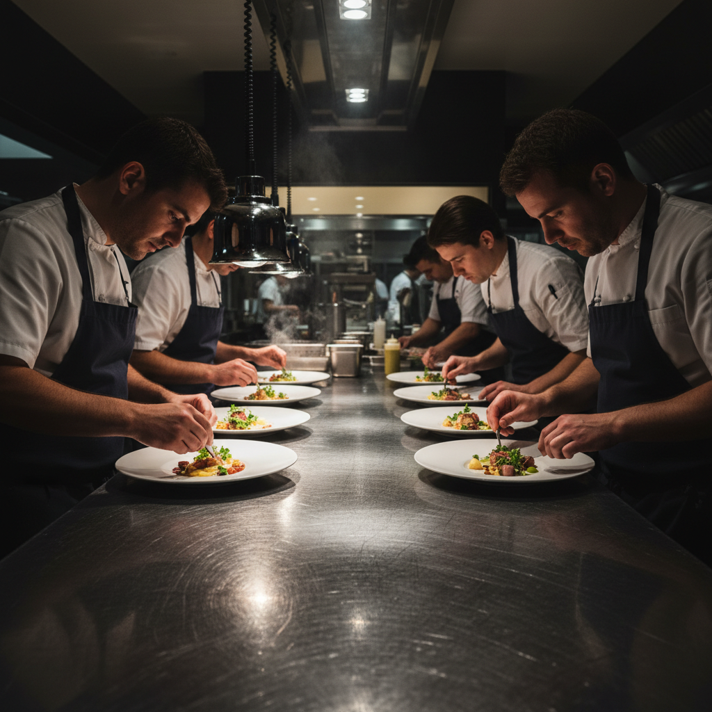 Professional kitchen with flames and chef hands plating dish, dramatic fire light, dark steel surfaces