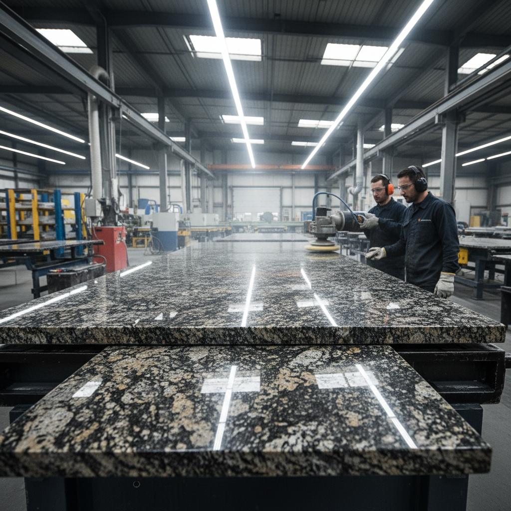 Granite slab surface finishing process showing polished stone with reflective surface under industrial lighting
