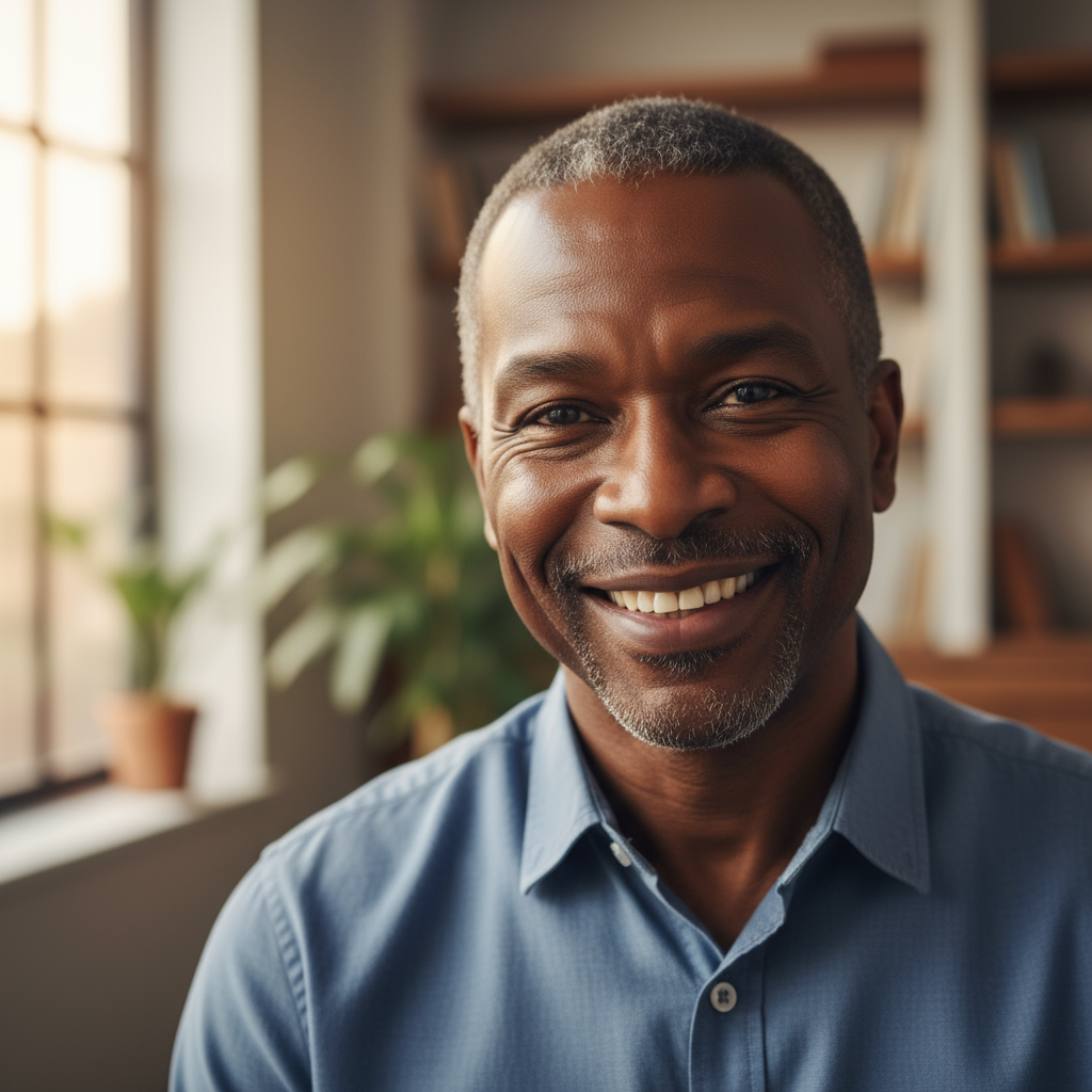Portrait of middle-aged South African man smiling outdoors in natural light