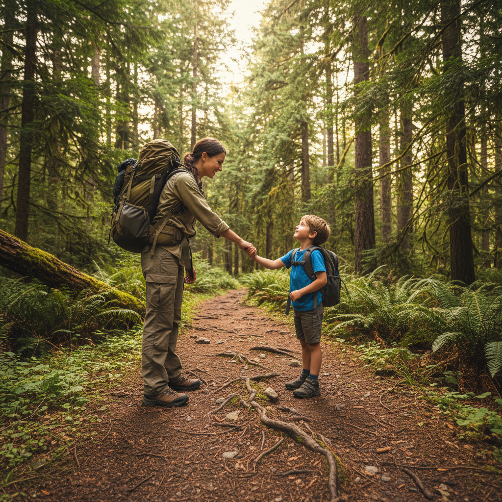 Troop leader extending a hand to a child at the edge of a trail, backpack freshly packed