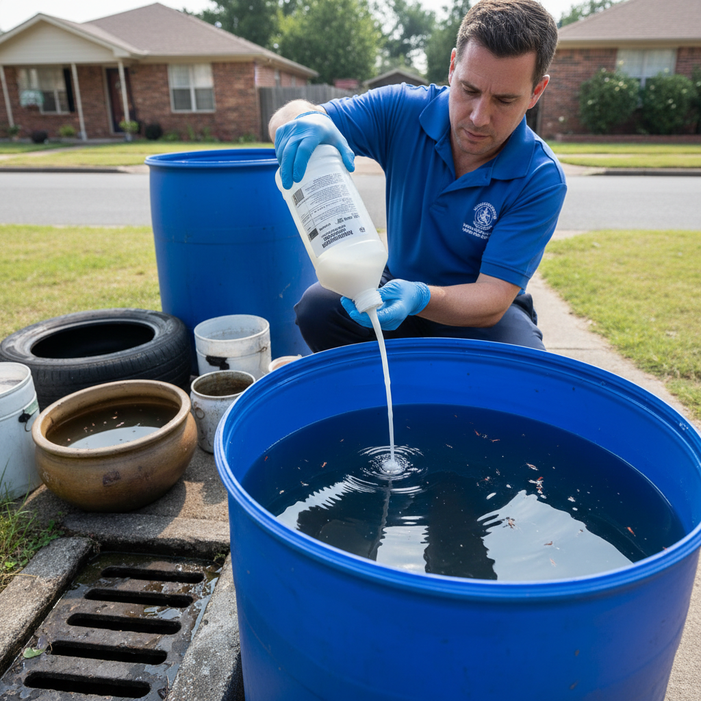 Mosquito larvicidal treatment being applied to water containers and drains