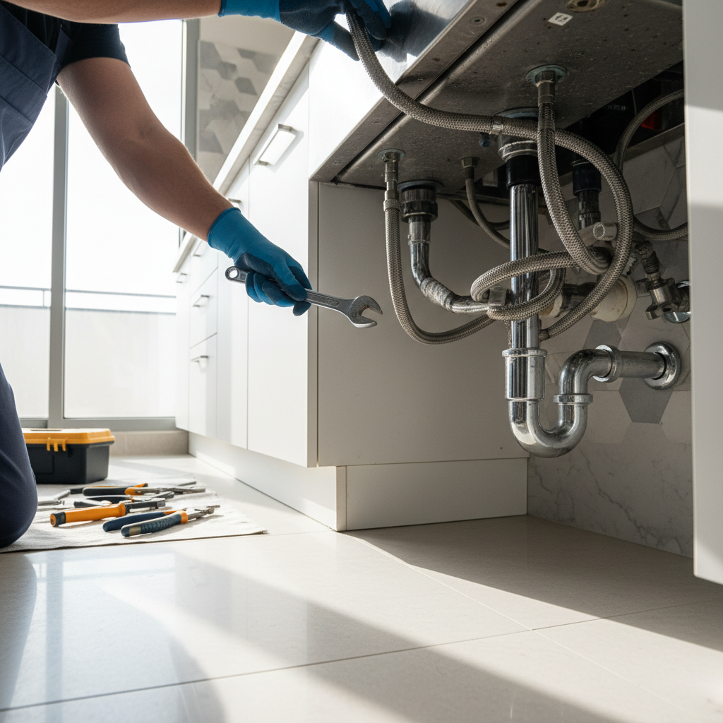 Plumber repairing pipe under sink in well-lit kitchen, wrench in hand