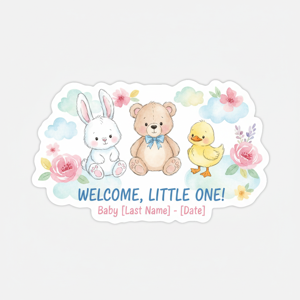 Illustrated new baby announcement card with soft pastel colors and animal characters