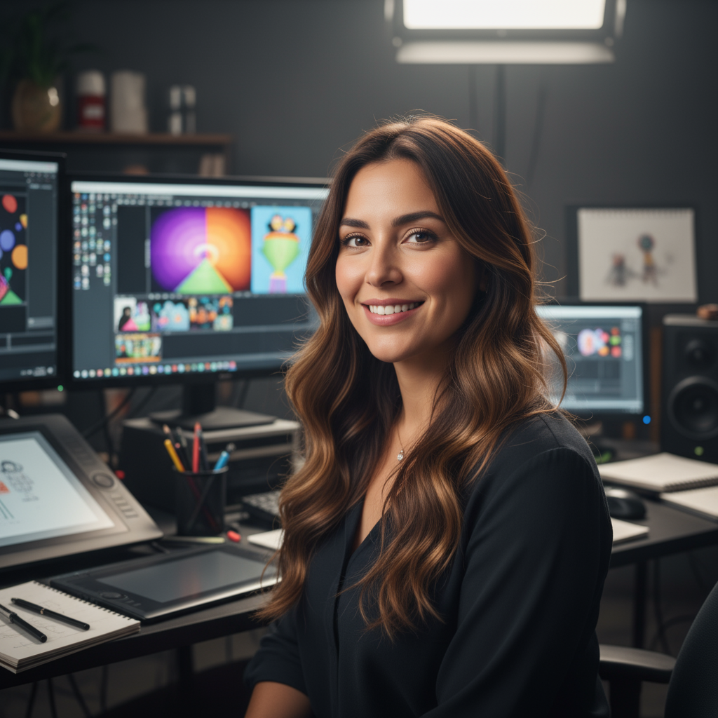 Young Latina woman filmmaker with camera equipment, dark cinematic studio background, warm side lighting, creative professional atmosphere