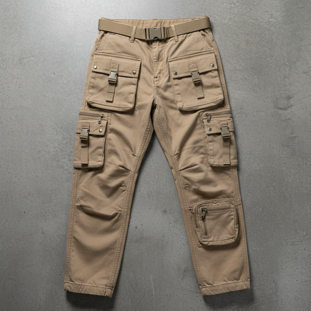 Khaki cargo shorts with multiple pockets on white background