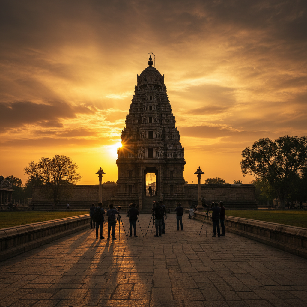 Tirupati Balaji temple gopuram, ornate architecture, pilgrims, golden sunset backdrop