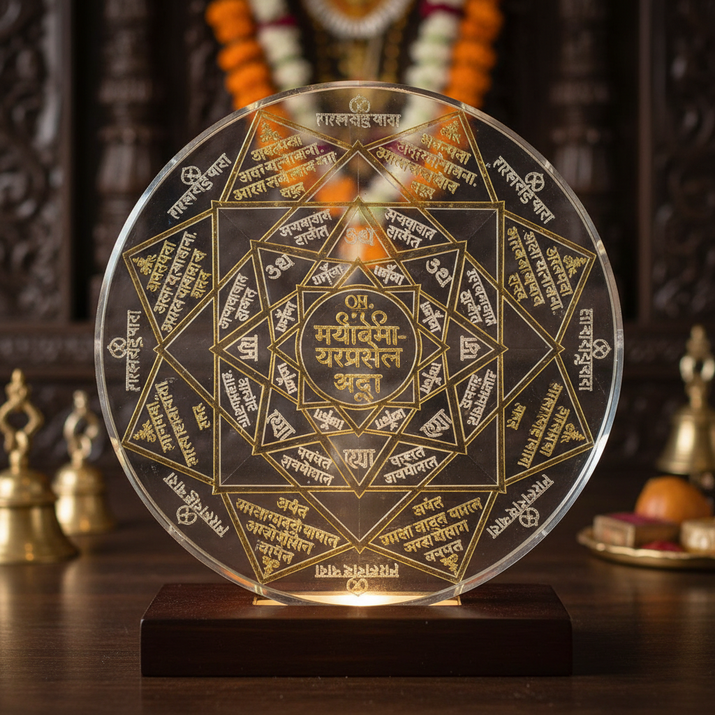 Crystal quartz Mahamrityunjaya Yantra with sacred mantras engraved on polished surface