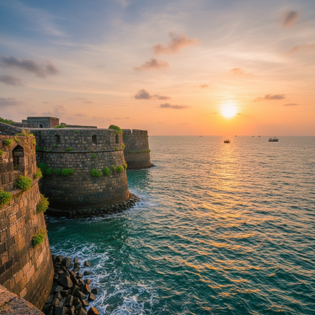 Historic Sindhudurg fort walls rising from the Arabian Sea at sunset with orange sky
