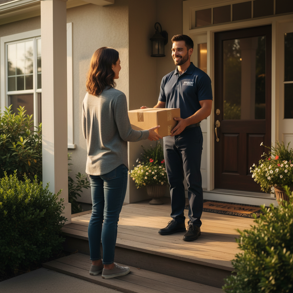 Delivery driver handing package to customer at suburban doorstep, warm late afternoon light