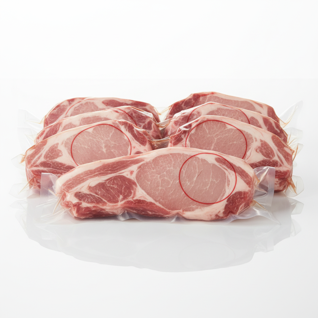 Fresh frozen pork cuts on clean white surface, bright studio lighting, professional food photography