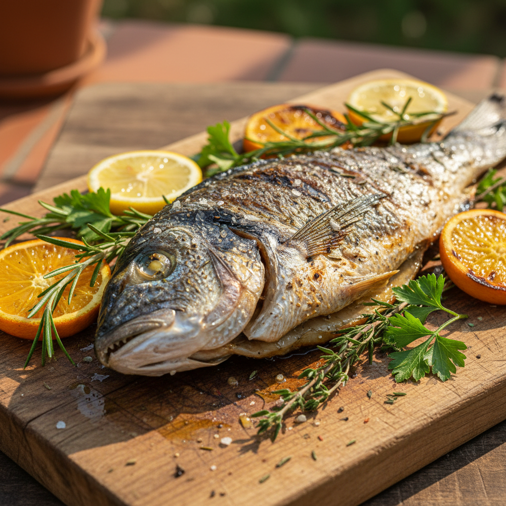 Whole grilled fish with charred skin on a bed of greens, lemon wedges on the side, bright food photography
