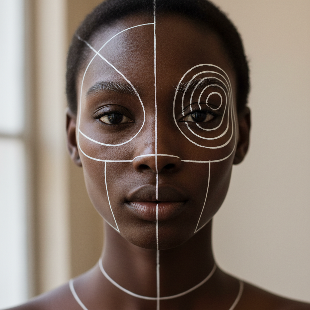 Avant-garde editorial face with geometric white lines painted across dark complexion