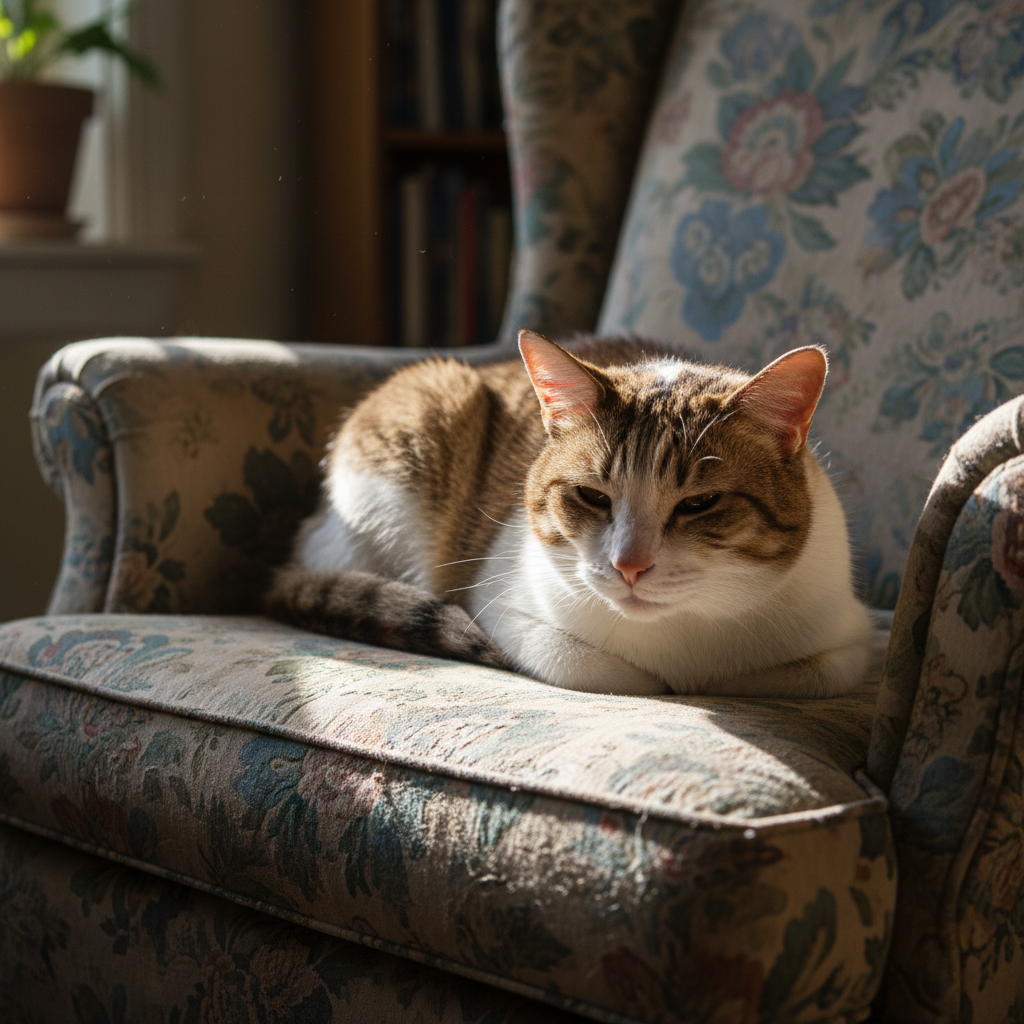 Senior tabby cat Clementine resting on a well-loved armchair, eyes soft and wise