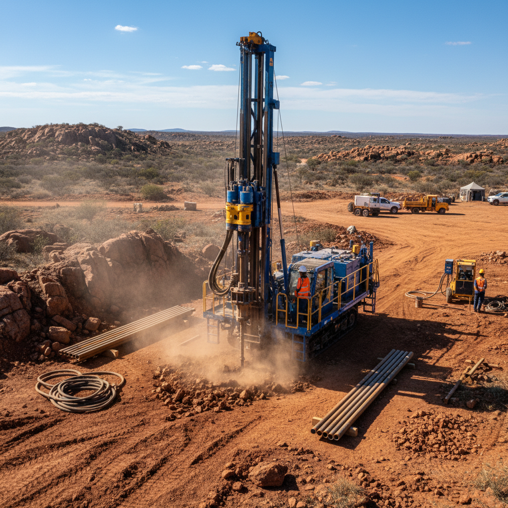 Borehole drilling rig on a South African site, workers in orange safety vests, open land