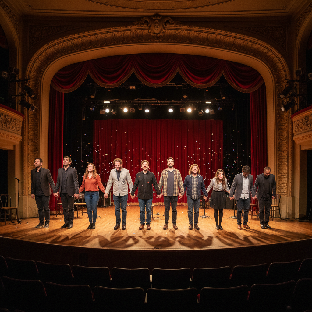 Ensemble of improvisers taking a bow on stage after a show, smiling and holding hands