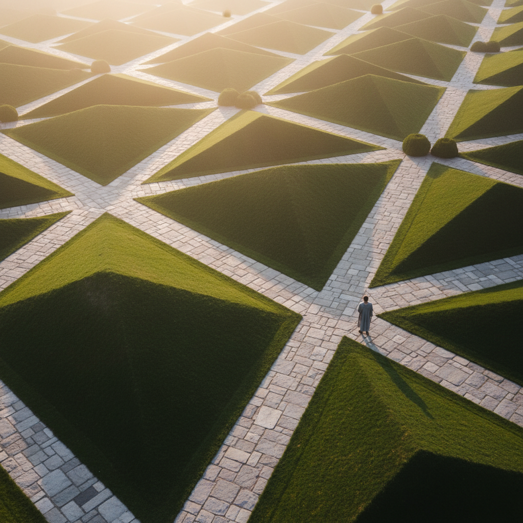 Aerial view of geometric garden with triangular lawn segments, angular stone paths, and a human figure casting a long afternoon shadow