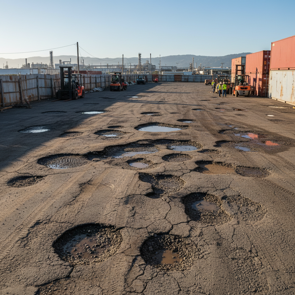Patio de maniobras industrial en Vallejo con baches profundos y superficie irregular antes del repavimentado