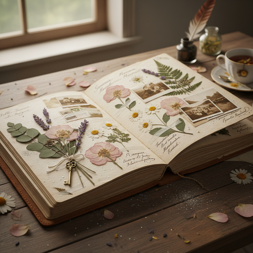 Open scrapbook album with pressed flowers and handwritten journaling