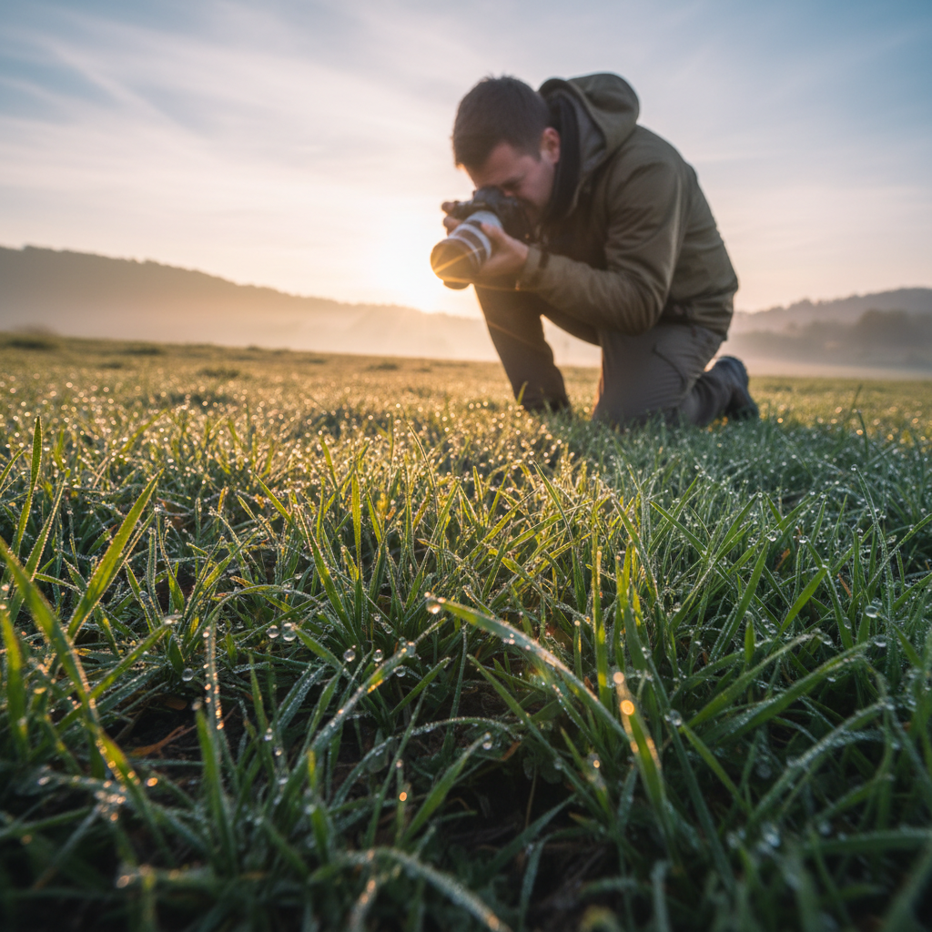 Photographer kneeling in a meadow at dawn, camera low to the ground photographing dewdrops on grass