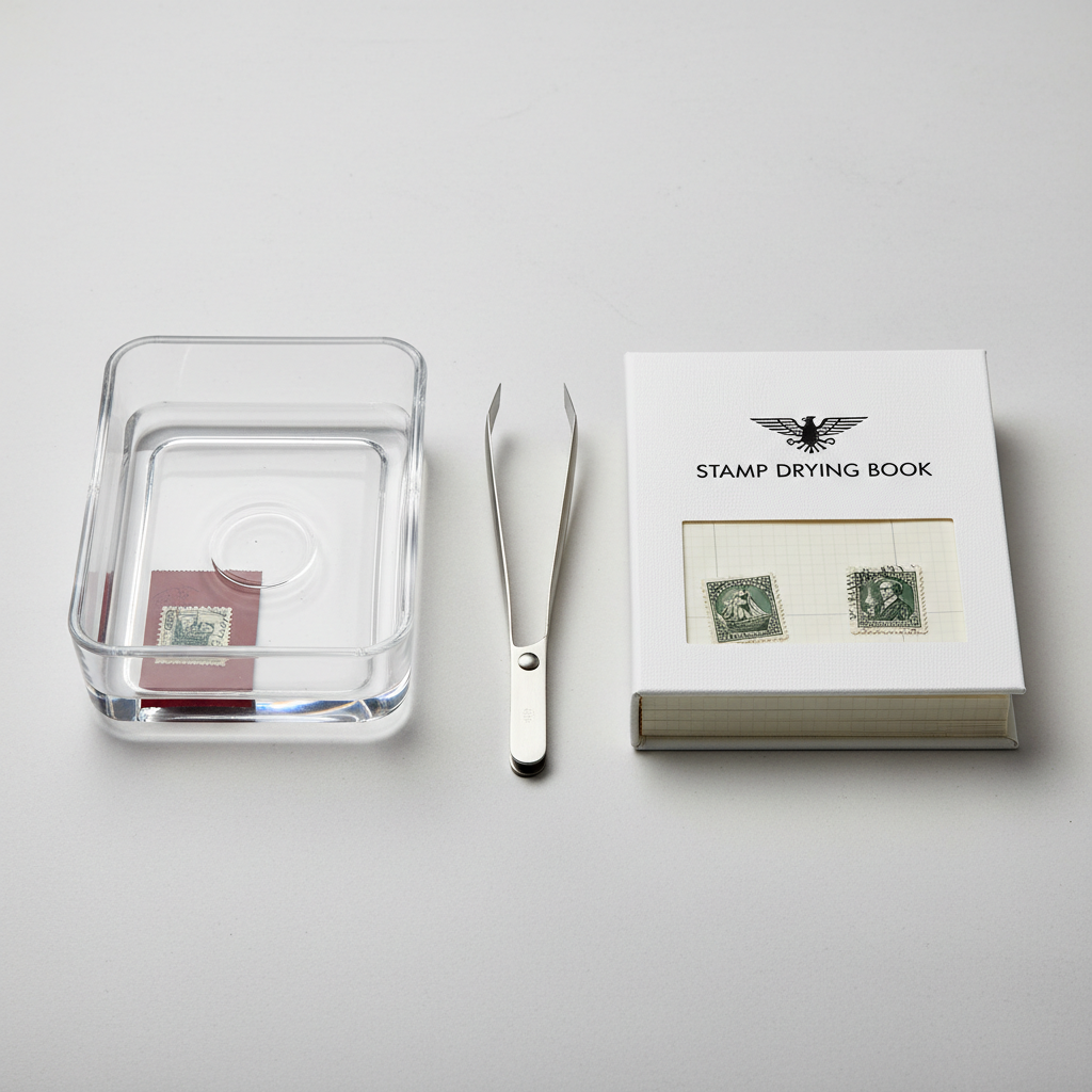 Philatelic soaking tray with stamp tongs and drying book for removing stamps from envelopes
