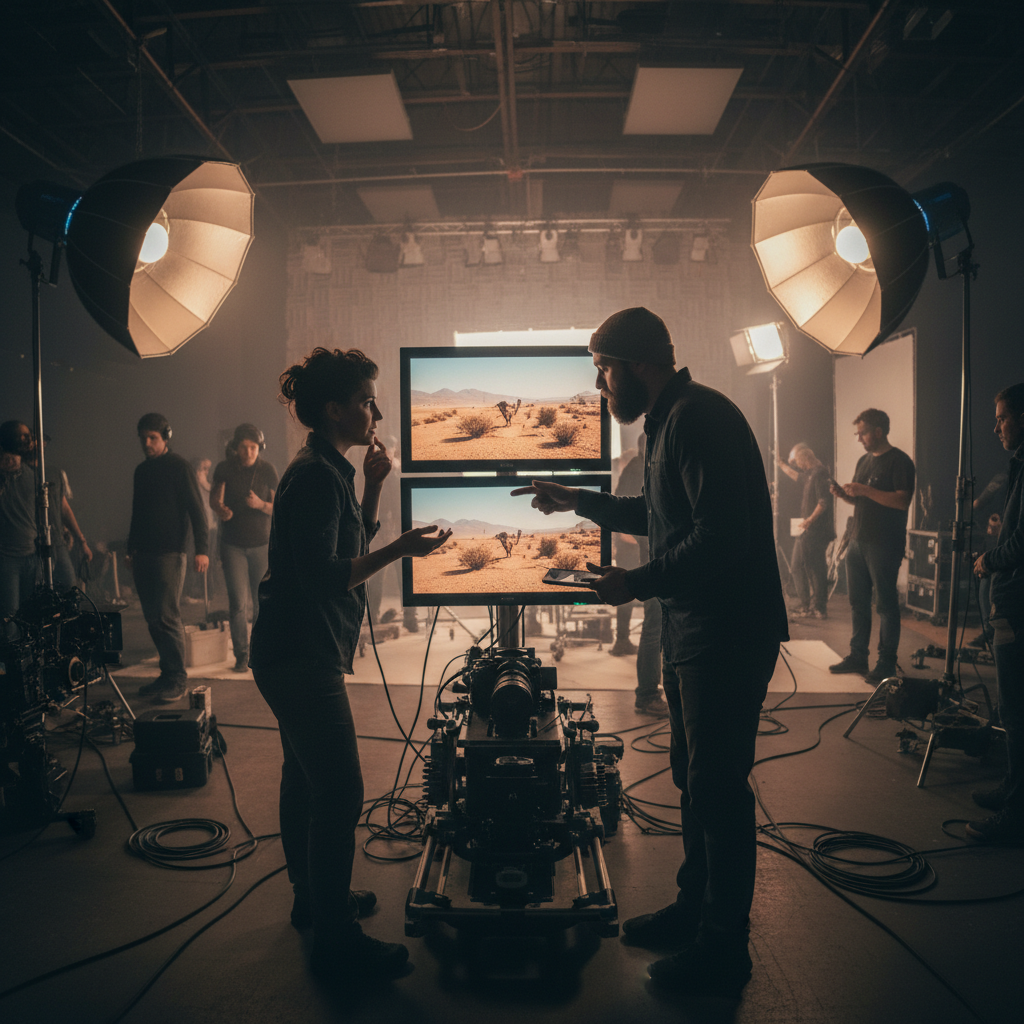 Director de fotografía revisando monitor de cámara en set cinematográfico con equipo de producción
