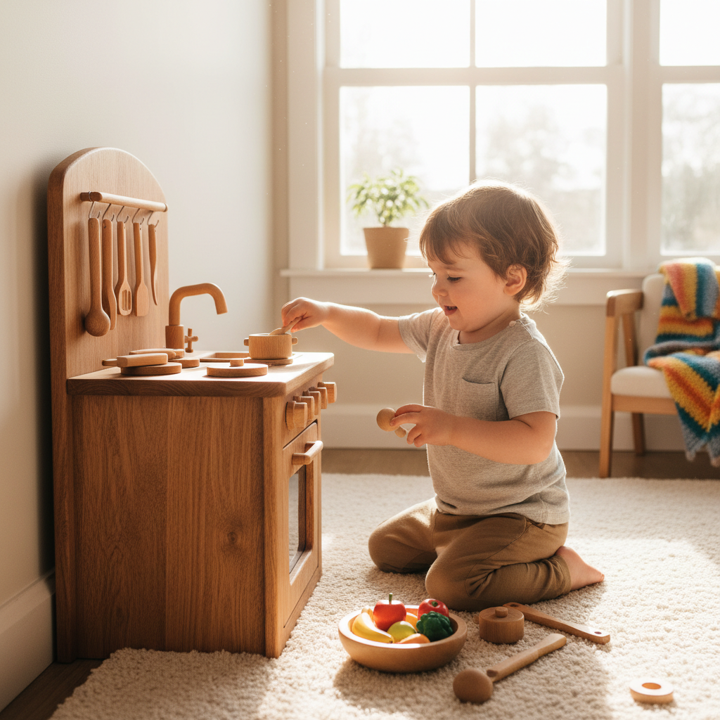 Happy child playing with colorful wooden toy kitchen set