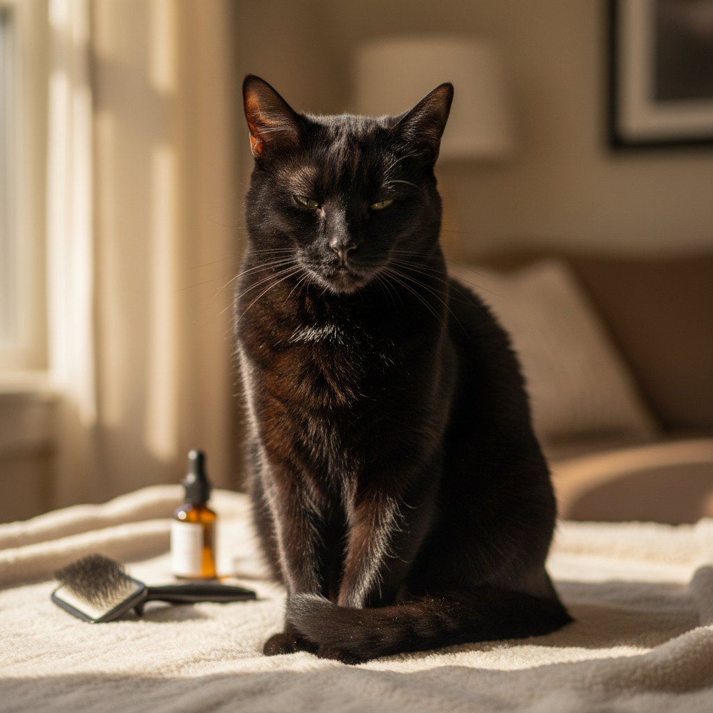 Black cat with sleek coat sitting contentedly after grooming session