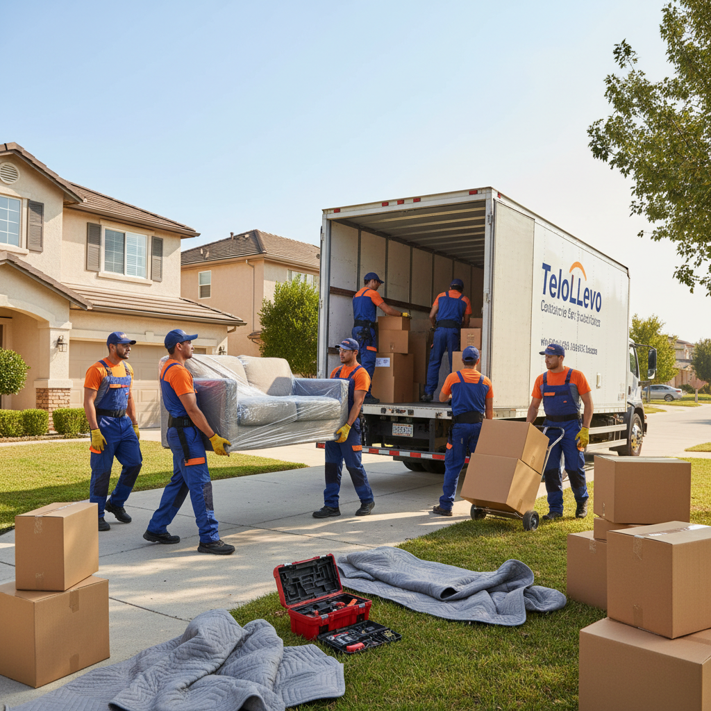 Professional moving team in uniform preparing equipment in bright, organized warehouse facility
