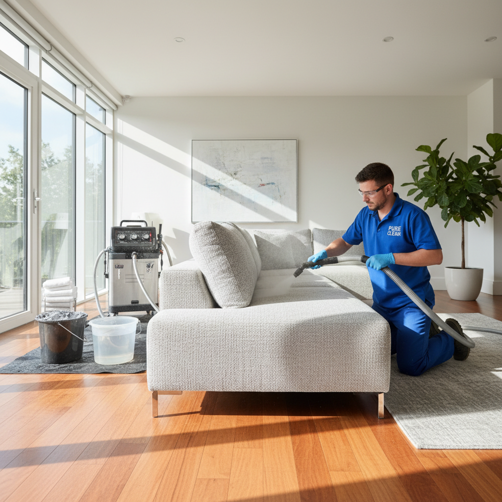 Clean modern grey sofa in a bright living room after professional cleaning