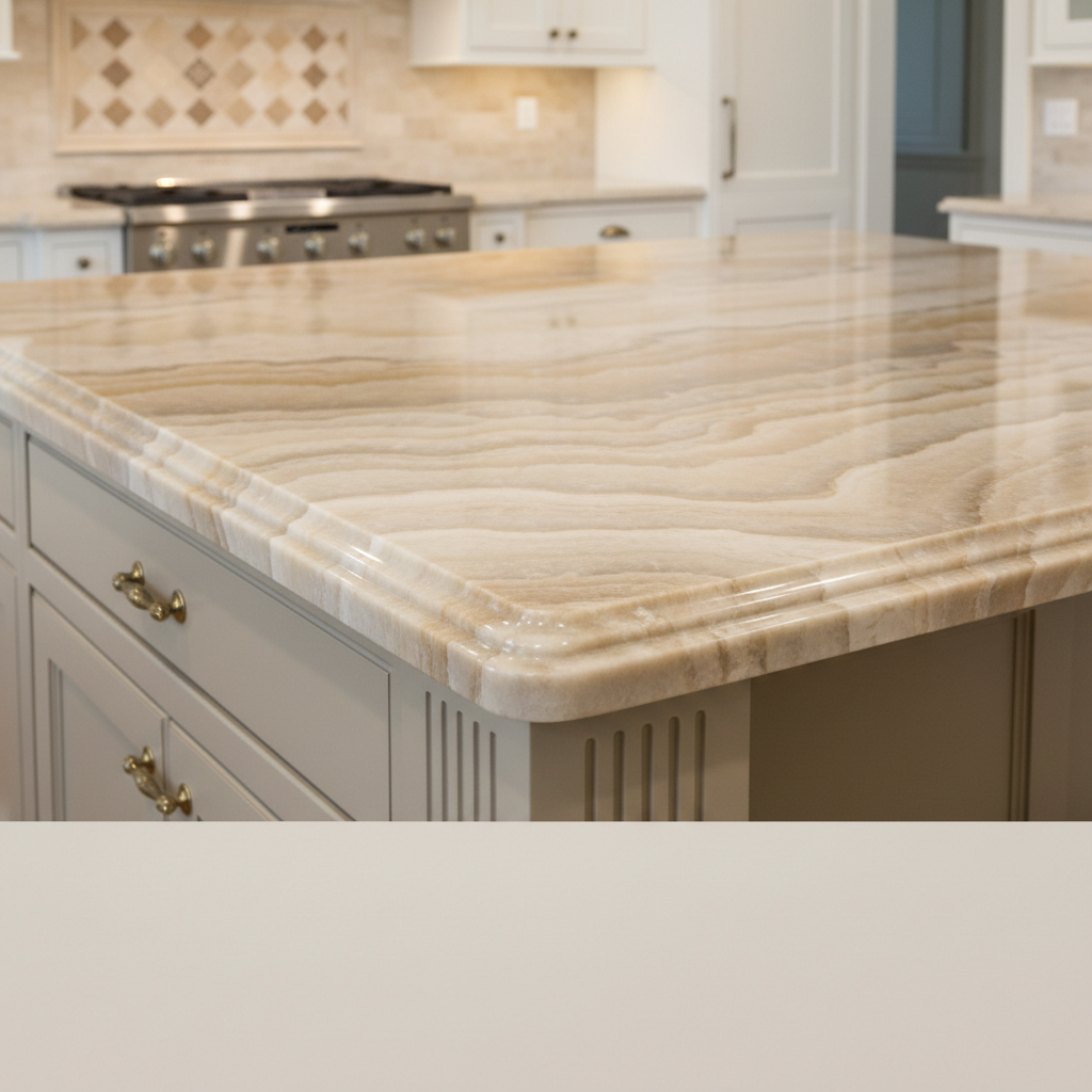 Warm quartzite countertop with ogee edge profile in traditional kitchen