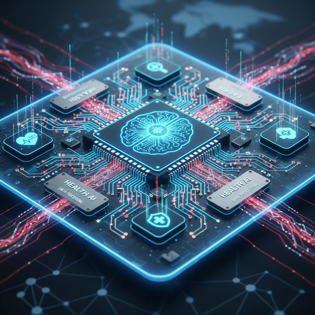 Close-up of circuit board representing healthcare AI technology and data processing systems