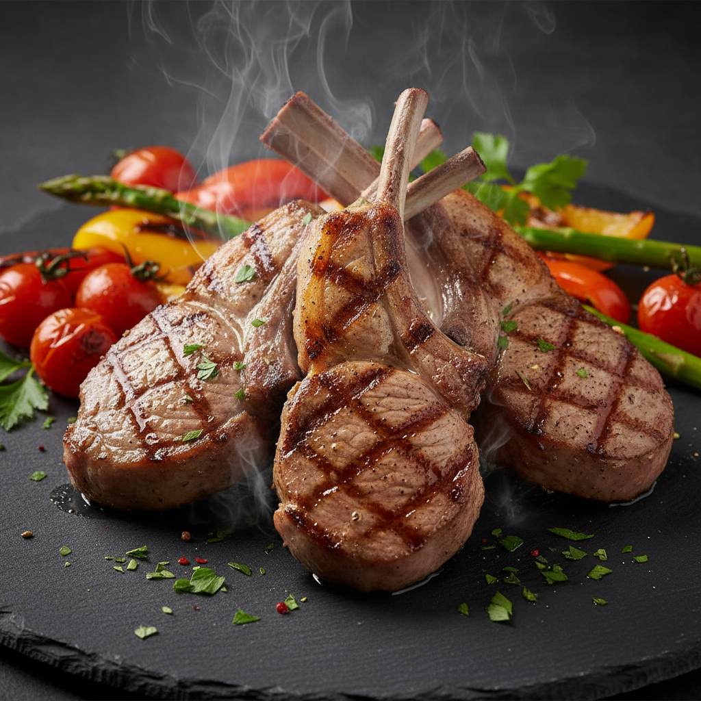 Rack of lamb chops arranged on slate, fresh herbs, dark moody background
