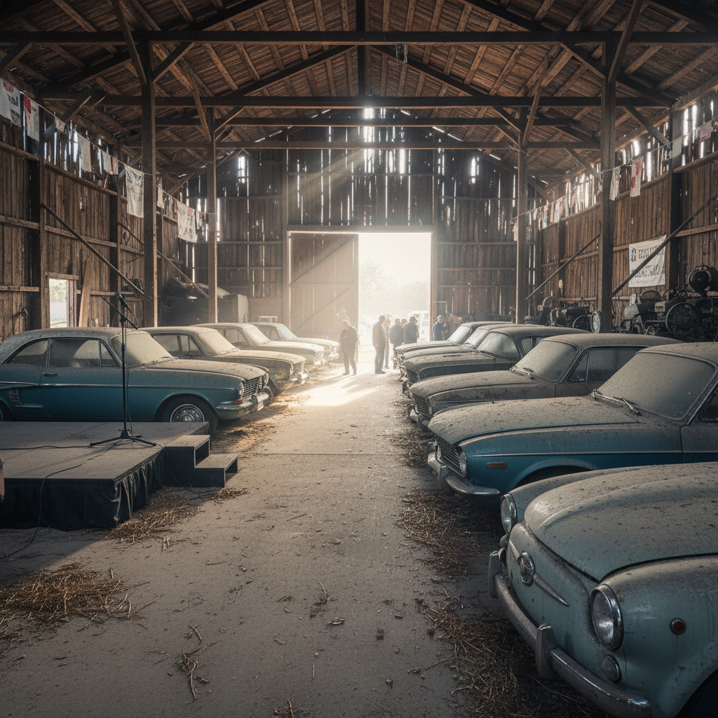 Row of classic cars at a barn find auction, dusty and original
