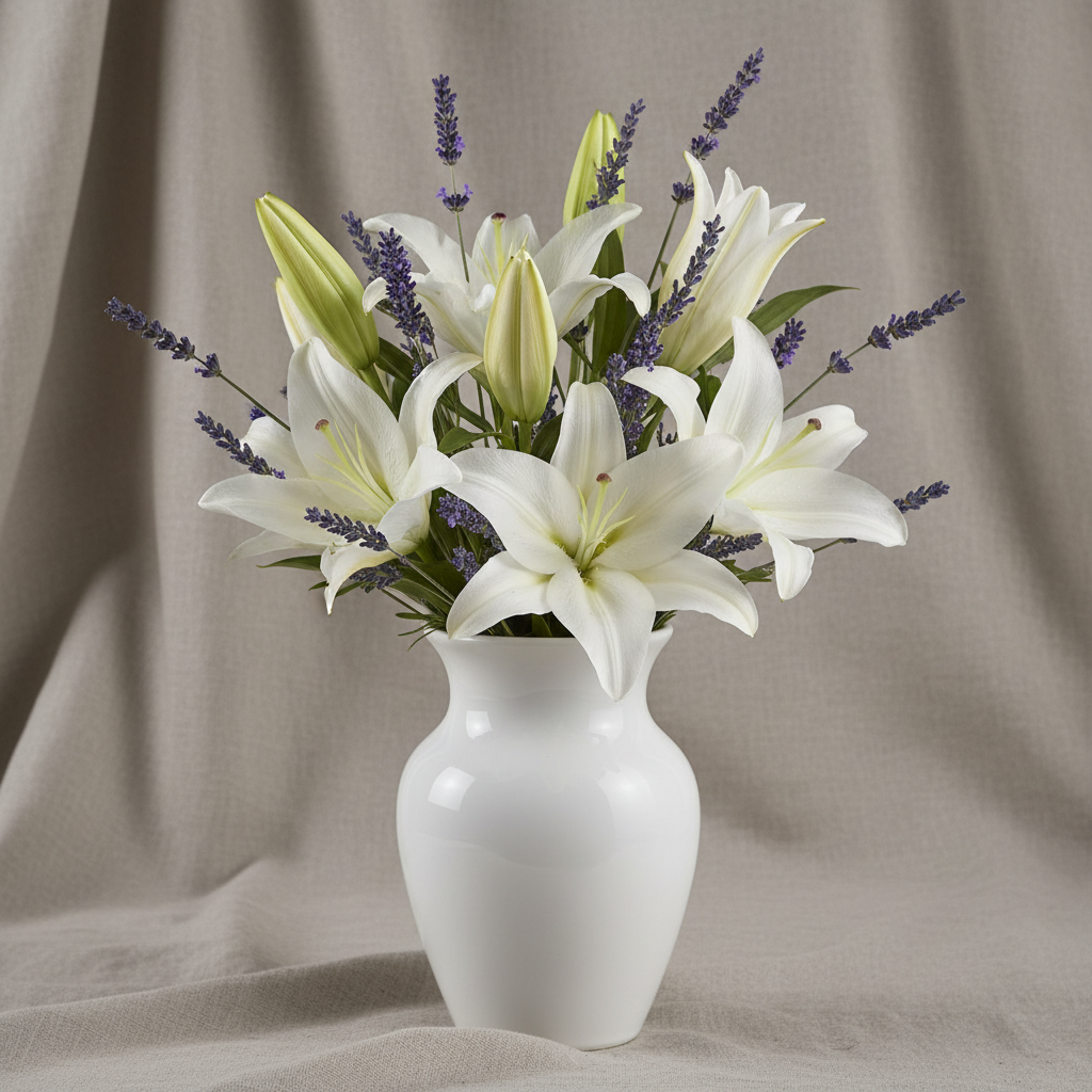 Serene white lily and rose sympathy arrangement on a soft neutral background