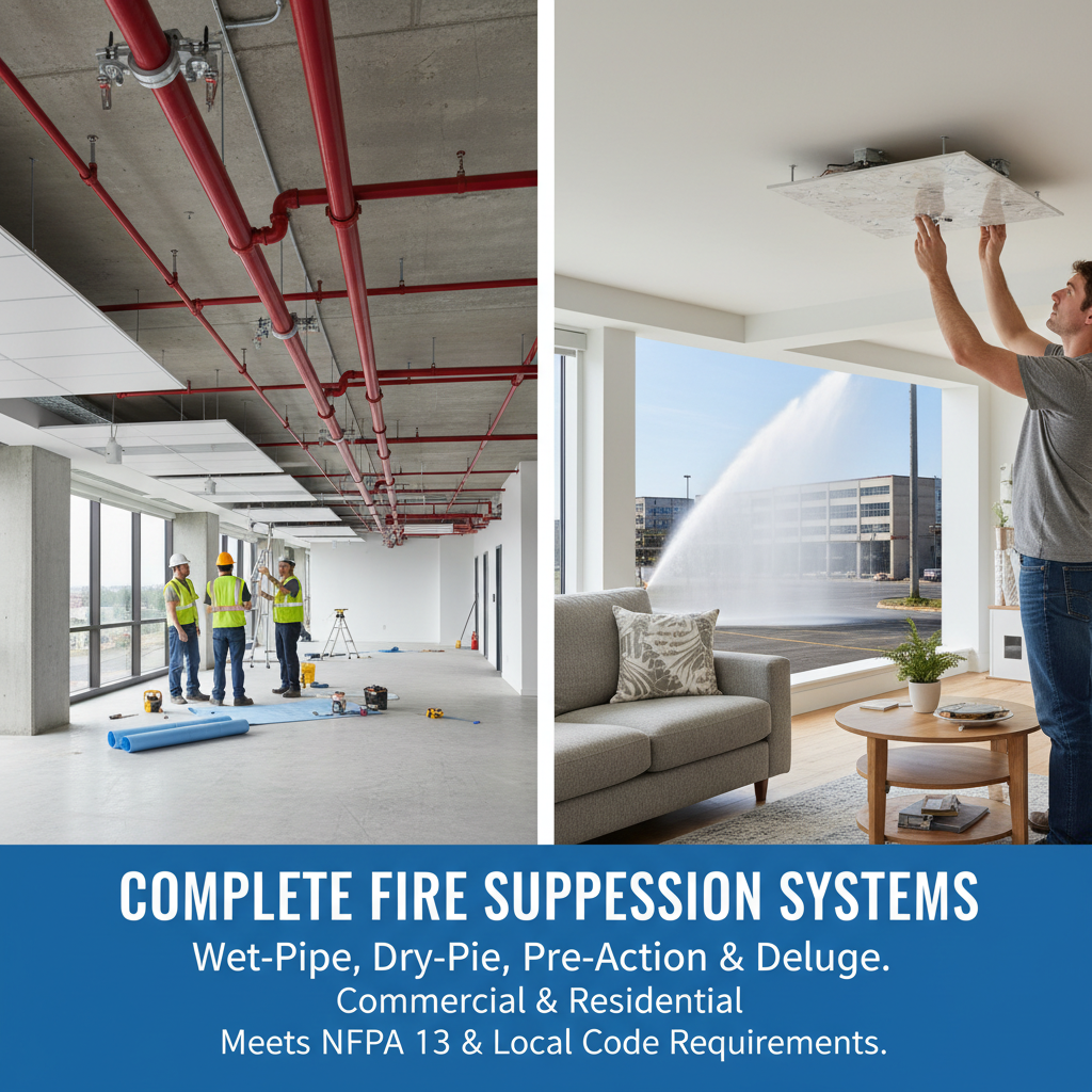Construction workers installing overhead fire suppression piping in large industrial warehouse, dark steel structure, low lighting