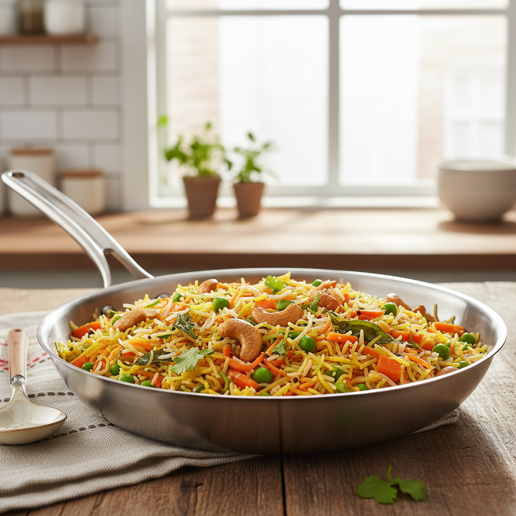 Steaming Upma with vegetables in a dark bowl, warm kitchen lighting, turmeric-yellow color, aromatic Indian spices visible