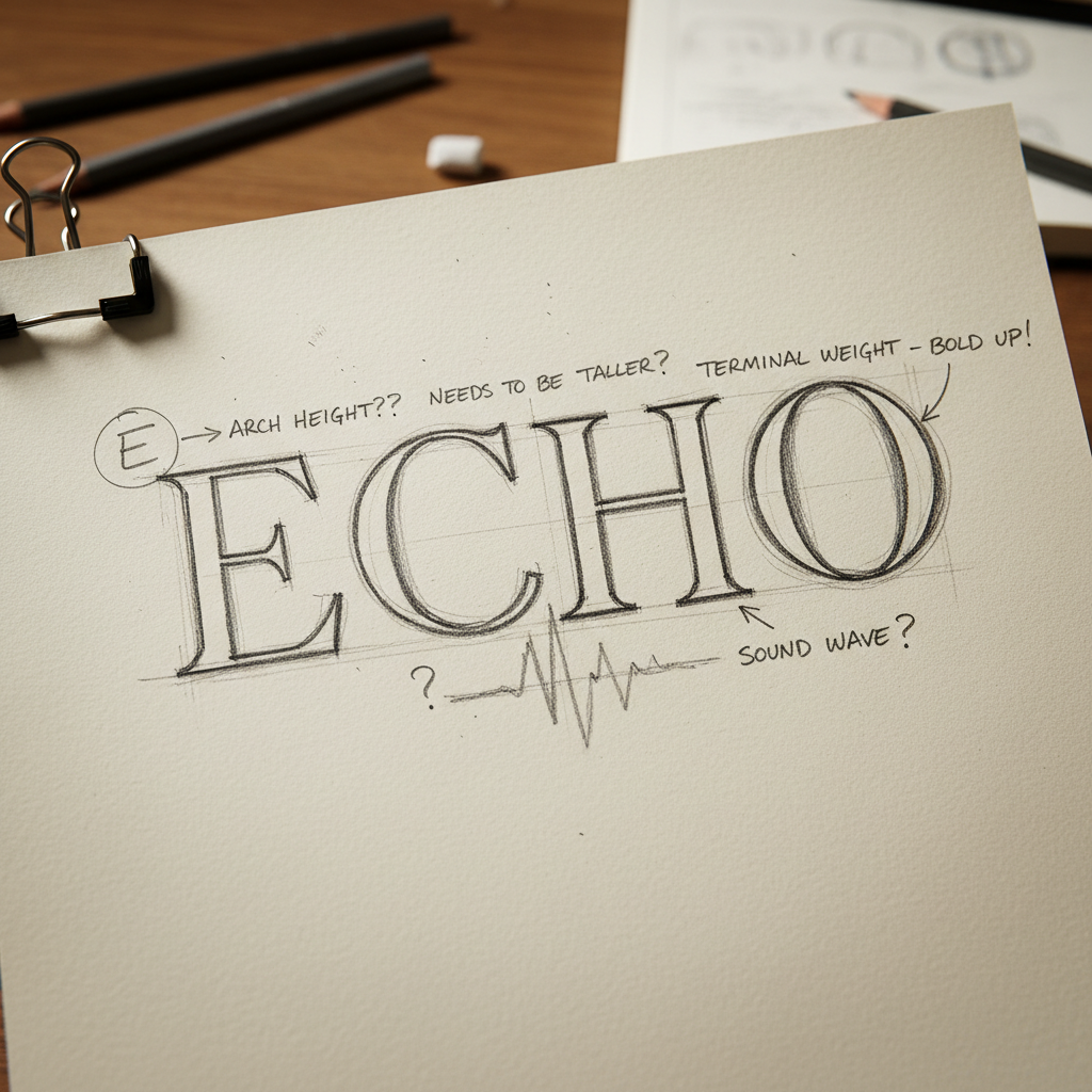 First annotated masthead sketch with pencil notes on E letterform arch height and terminal weight