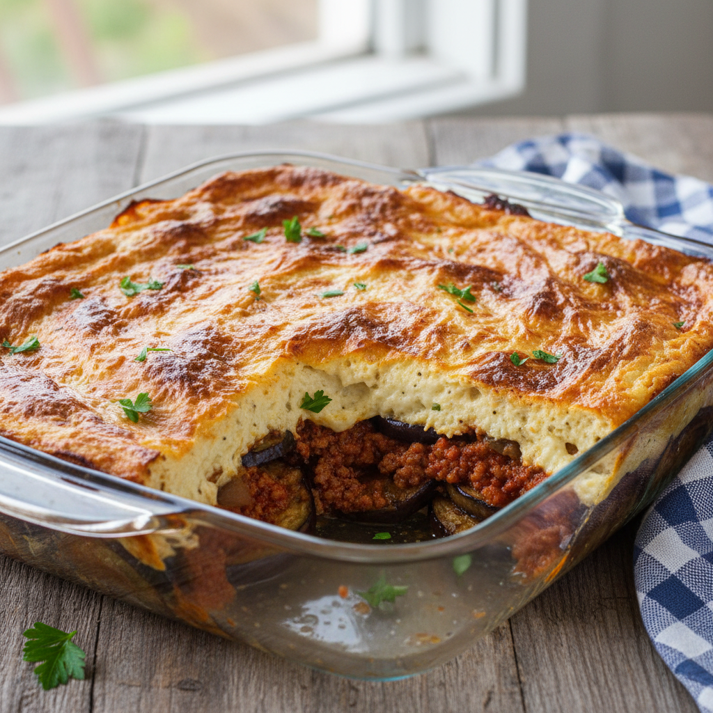 Close-up of a clay dish of moussaka with golden béchamel emerging from the oven