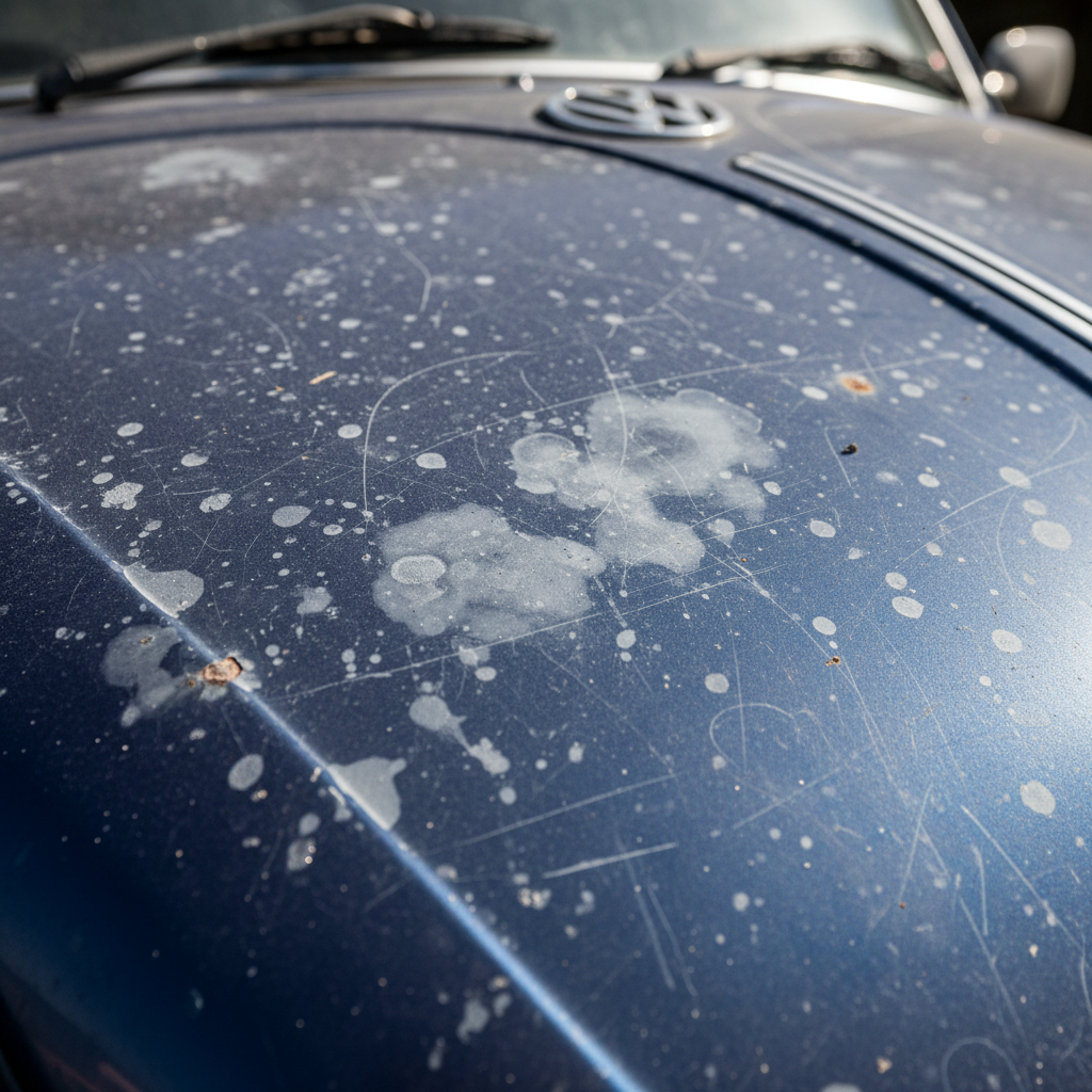 Car hood with visible swirl marks, oxidation, and micro-scratches under harsh lighting