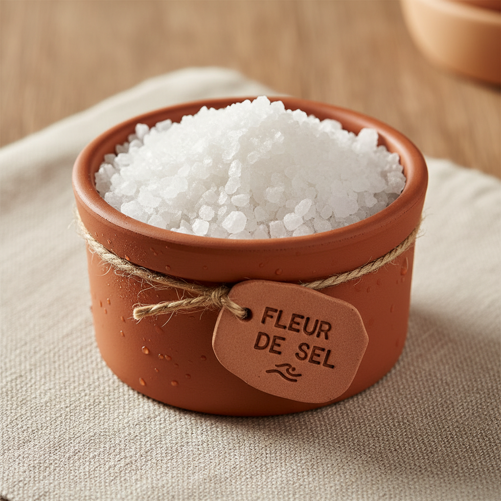Hand-harvested fleur de sel in a ceramic ramekin with terracotta label, luxury presentation