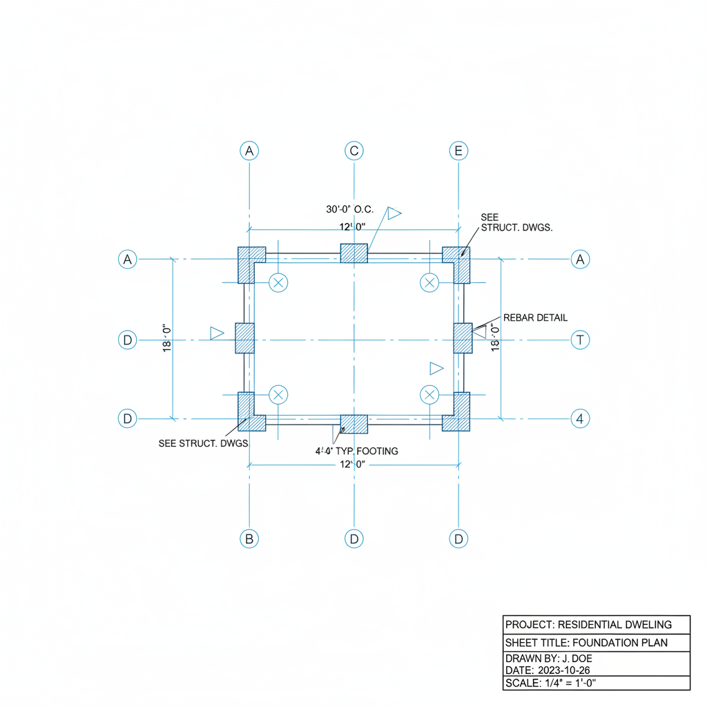 Architectural blueprint floor plan drawing with grid lines, dimensions and technical annotations on white drafting paper