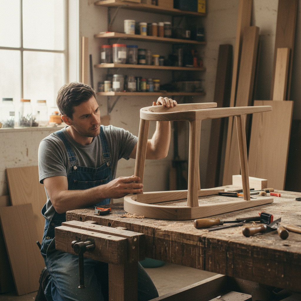 Workshop bench with wooden chair frame being inspected