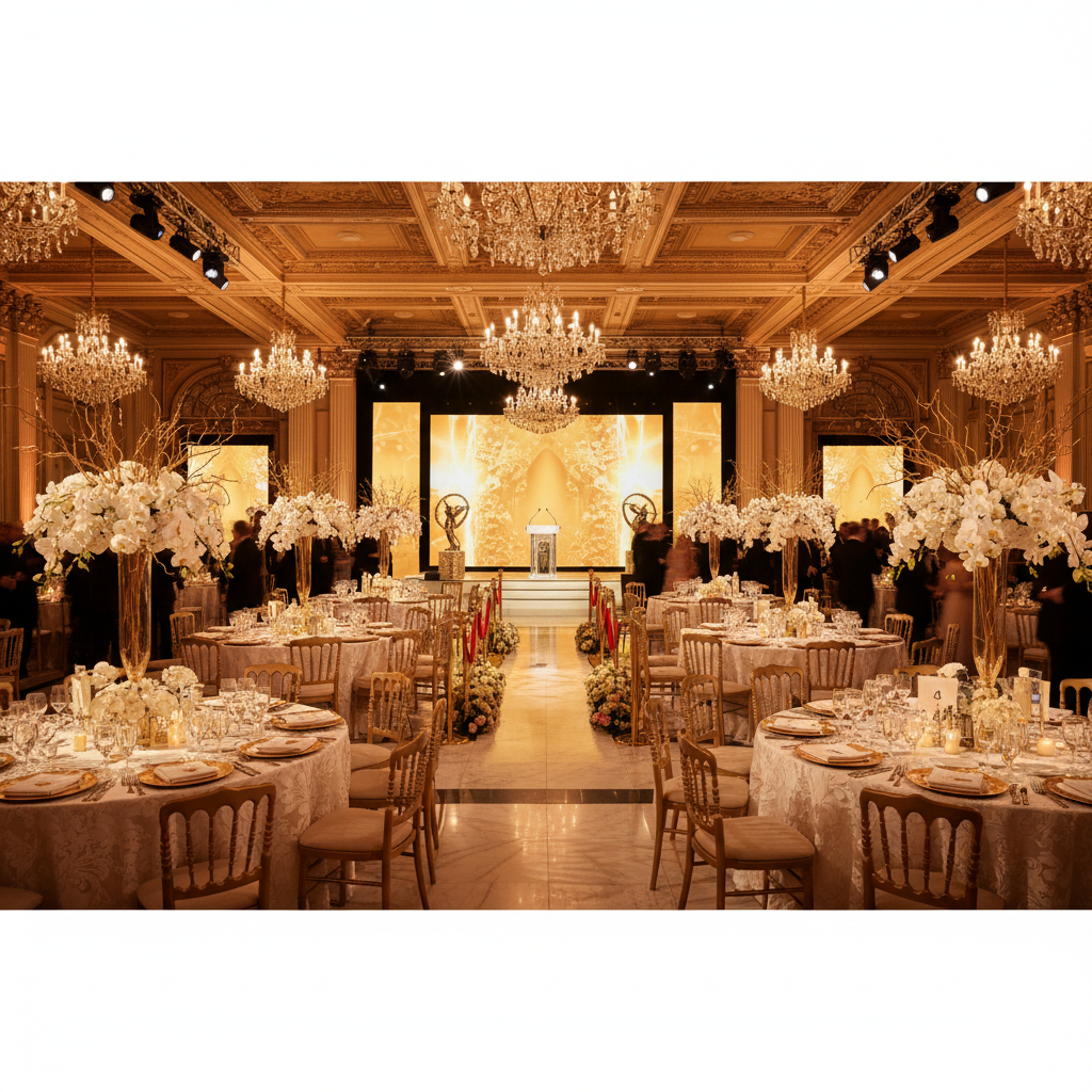 Glamorous red carpet event with dramatic dark background, elegant fashion photography, atmospheric lighting